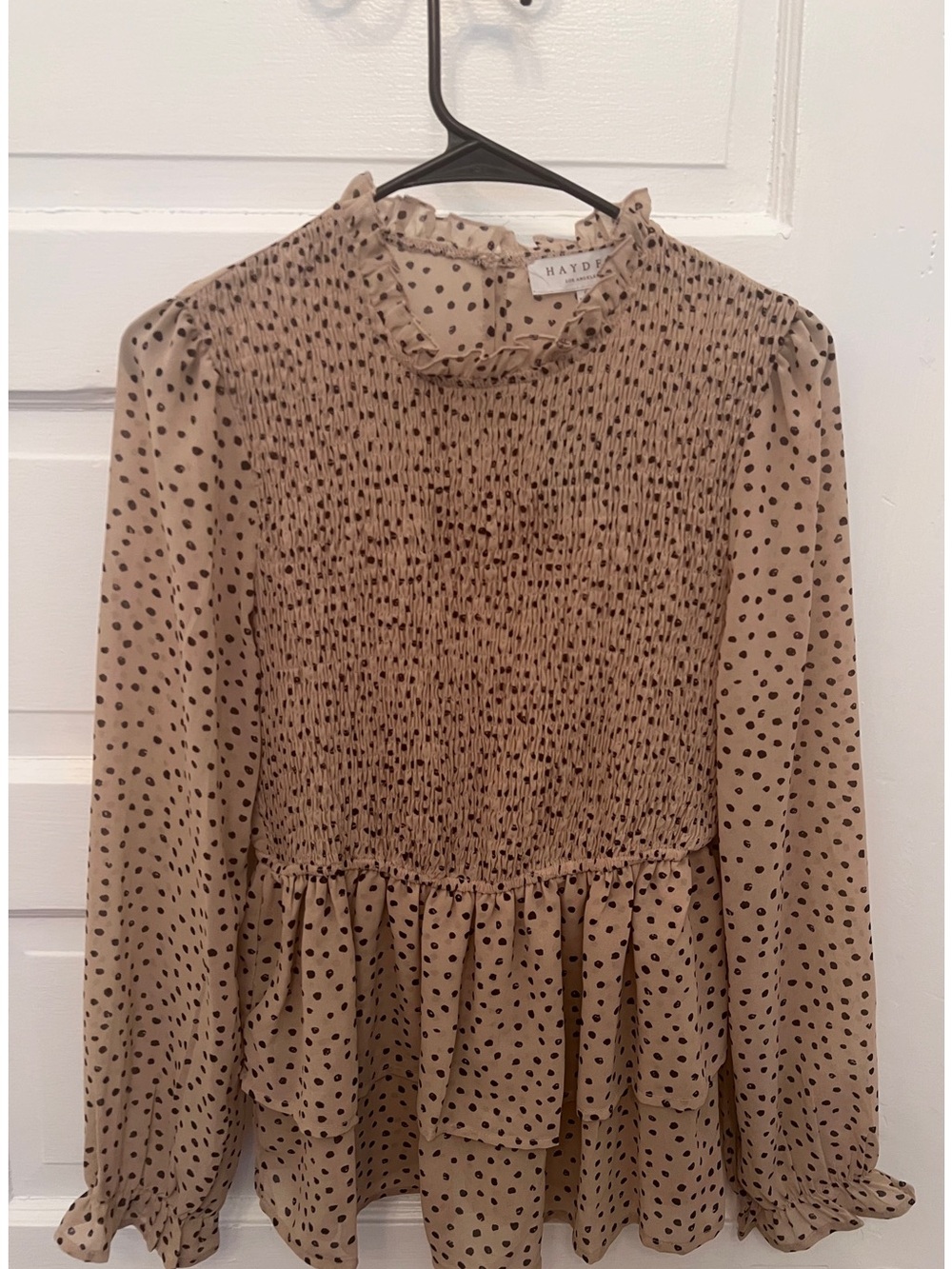 NWT Hayden Tan Blouse with Black Spot Print